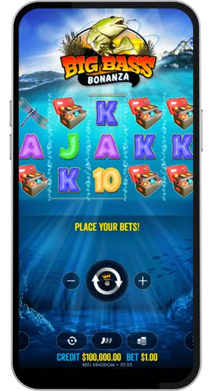 Big Bass Bonanza base game reels showing fishing symbols and card icons